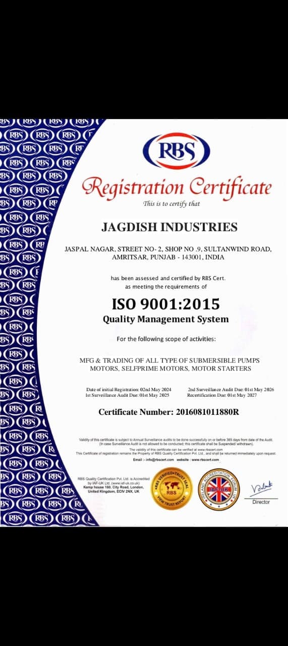 ISO 9001:2015 certificate issued to Jagdish Industries by RBS Certification Pvt Ltd, certificate number 2016081011880R