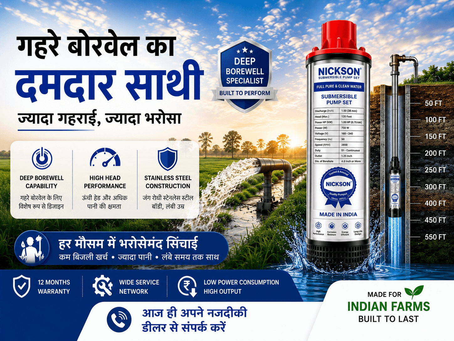 Nickson V4 borewell submersible pump with depth chart from 50 ft to 500 ft — गहरे बोरवेल का दमदार साथी (a strong partner for deep borewells)