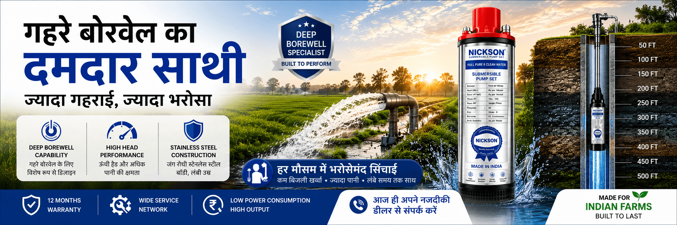 Nickson V4 borewell submersible pump with depth chart from 50 ft to 500 ft — गहरे बोरवेल का दमदार साथी (a strong partner for deep borewells)
