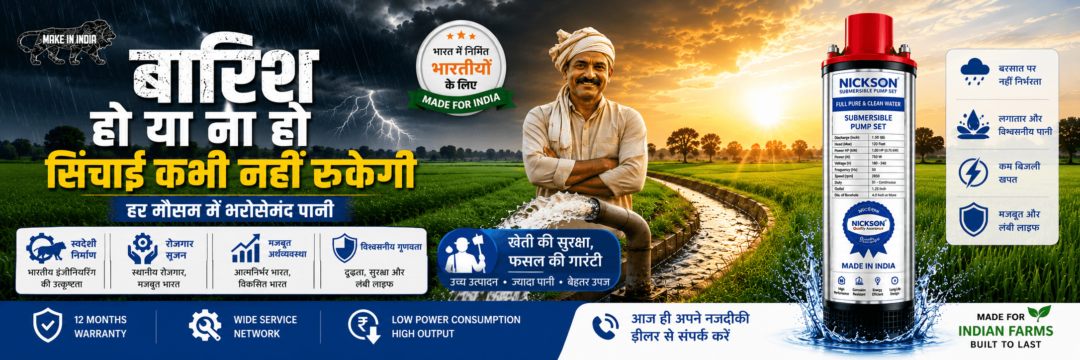 Farmer beside Nickson V4 pump in a paddy field with storm-to-sunshine sky — 'बारिश हो या न हो, सिंचाई कभी नहीं रुकेगी' (rain or no rain, irrigation never stops)